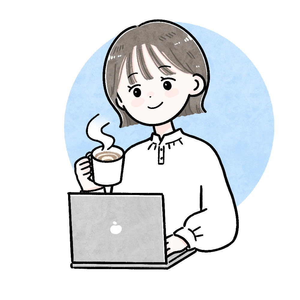 ノートパソコンの前でコーヒーを持つ、もえのイラスト